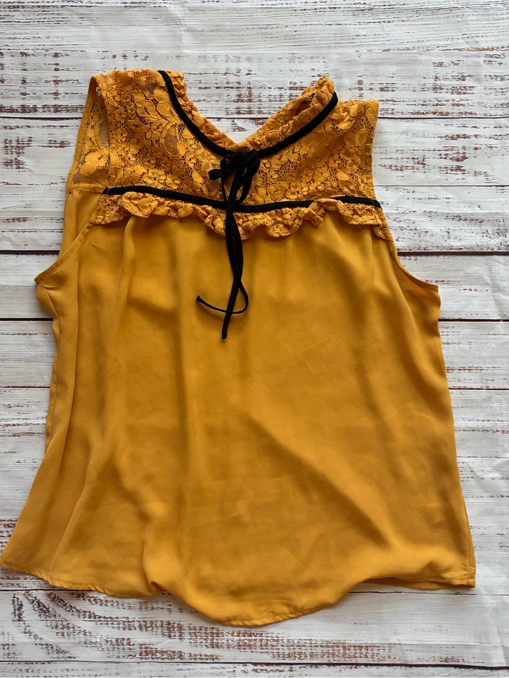 Active USA Mustard Lace Yoke Sleeveless Boho Camisole with Black Trim